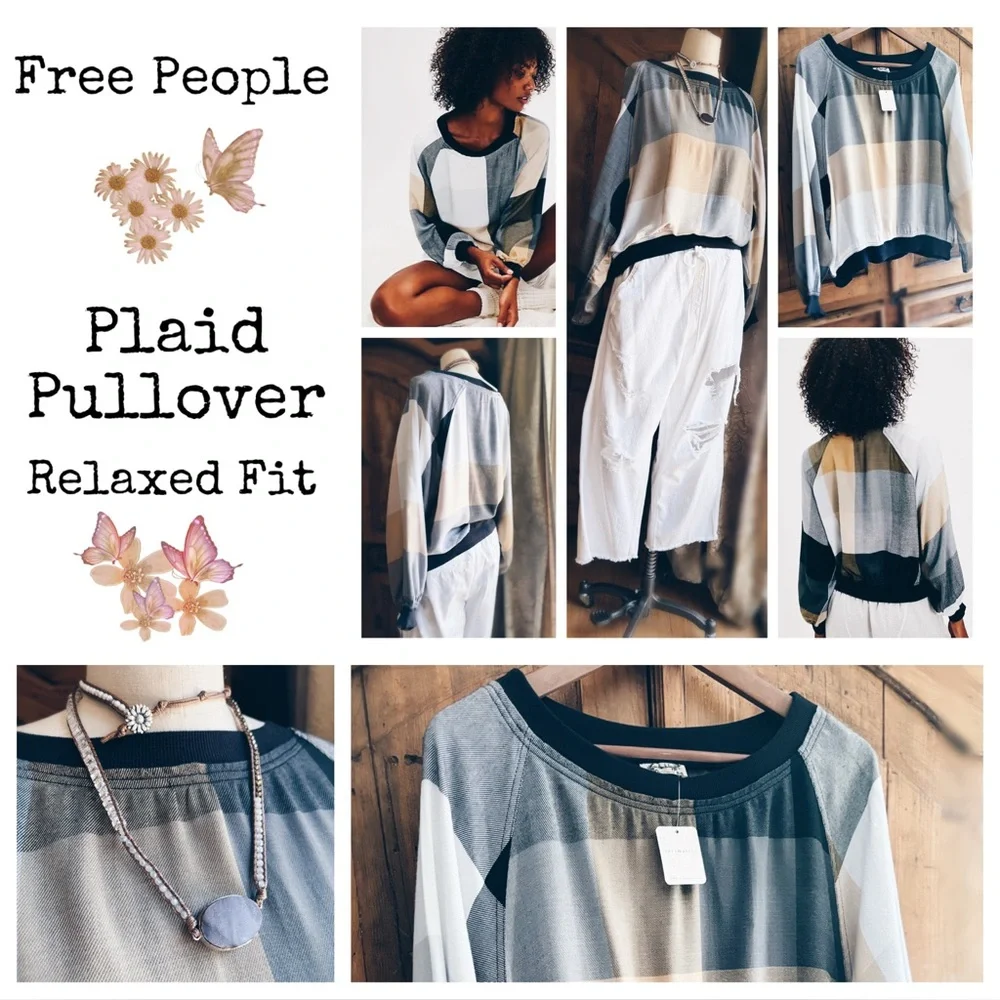 Free People Intimately Plaid Pullover - Heathered Taupe & Camel - Size L NWT
